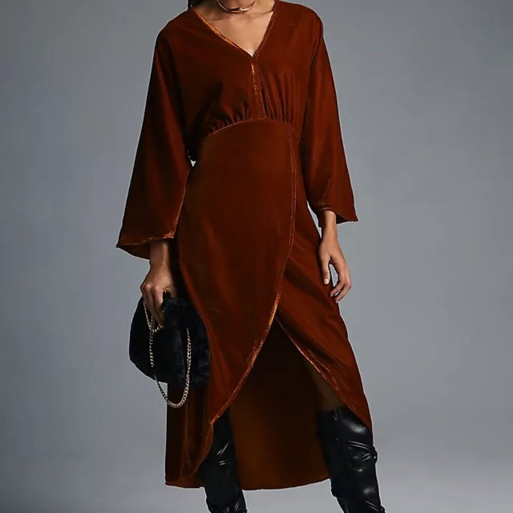 Anthropologie Let Me Be Asymmetrical Velvet Brown Dress